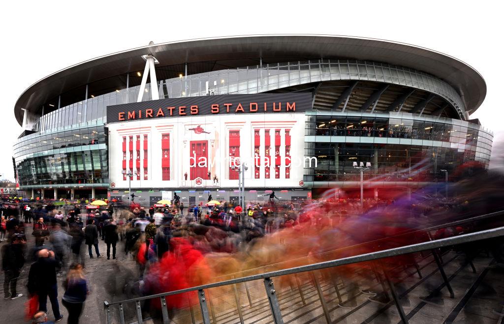 Arsenal: general view outside of the Remember Who You Are stadium wrap prior to the Premier League match between Arsenal FC and Brentford FC at Emirates Stadium on February 11, 2023 in London, England.